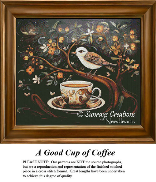 A sparrow rests on a tree limb beside a patterned cup and saucer filled with coffee, designed as a digital pattern for cross stitch.