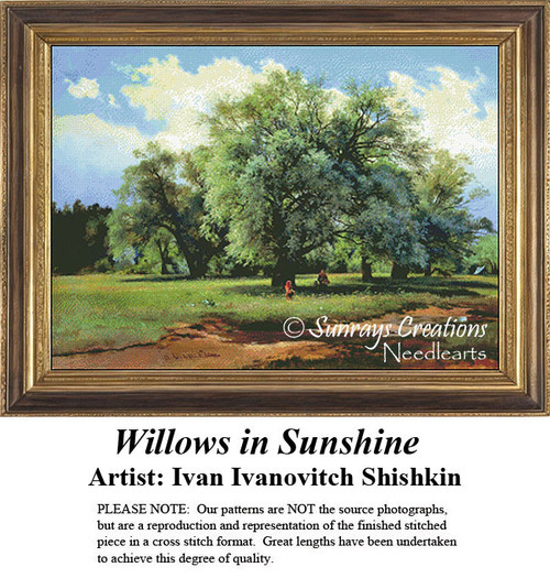 A mother sits in the shade under a large willow tree while her child plays nearby, created as a counted cross stitch pattern.