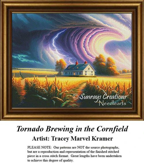 A farmhouse surrounded by cornfields under a swirling storm cloud, designed as a counted cross stitch kit by Tracey Marvel Kramer.