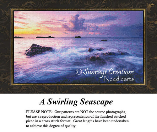 A serene seascape with swirling water and rocks under a pastel sunset, shown as a cross stitch chart for your next project.
