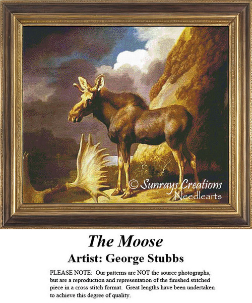 A moose stands powerfully in a mountainous landscape under a partly cloudy sky, alongside a large set of antlers, in this xstitch chart by George