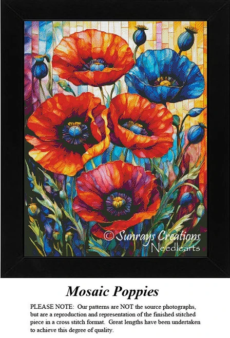 A bright collection of poppies in various colors, ready to be stitched as a xstitch kit, set against a stained-glass background.