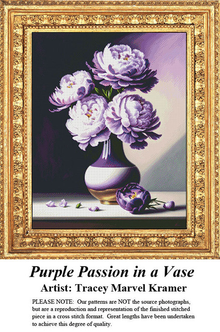A vase filled with purple and white peonies sits against a softly shaded background, presented as a digital pattern from Sunrays Creations.