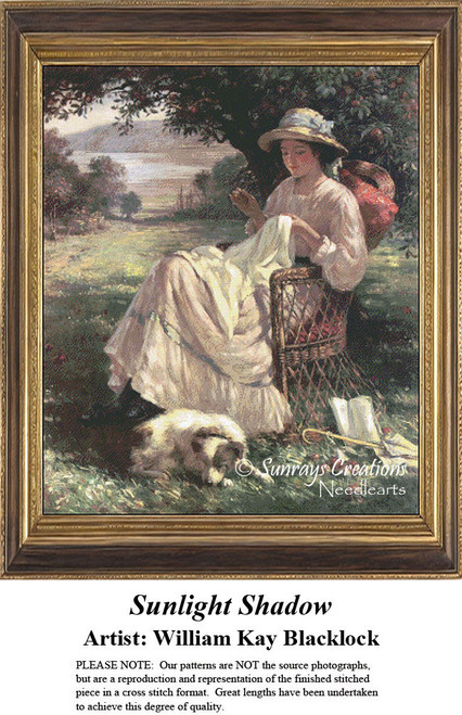 A woman sits under a tree, sewing as her dog rests beside her, inspired by the works of William Kay Blacklock, available as a downloadable pattern.