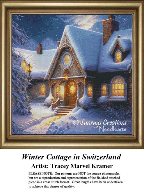 A cozy snow-covered cottage glows warmly at night, designed as a counted cross stitch kit featuring the serene Swiss Alps in winter.