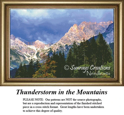 A dramatic mountain landscape under a thunderstorm, this xstitch pattern features dark clouds and vibrant greens, ideal for DMC floss on aida cloth.