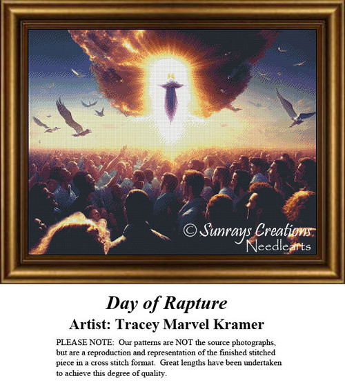 A crowd of people gazes upwards, witnessing a figure enveloped in light above them, as doves soar; this is the xstitch chart titled Day of Rapture.