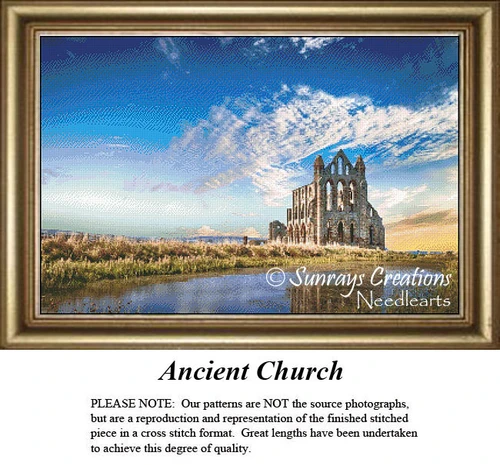 The ruins of an ancient church stand against a clear sky and tranquil water, captured as a counted cross stitch pattern.