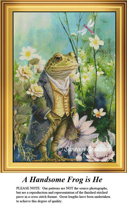 A dapper frog in a waistcoat and cravat sits amidst flowers, eagerly awaiting his lady in this counted cross stitch digital file design.