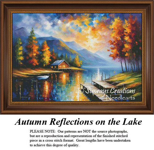 A lakeside cabin beside a tranquil lake with autumn trees reflecting in the water, designed as a counted cross stitch pattern.