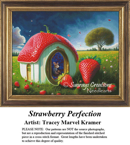 A quaint house resembling a strawberry sits in a vibrant field among wild strawberries, frozen in time as a counted cross stitch pattern.