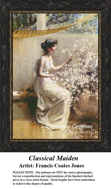 A young woman sits gracefully on an outdoor bench beneath a canopy, surrounded by blossoming branches in this xstitch chart by Francis Coates Jones.