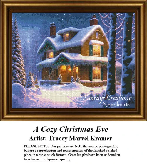 A cozy brown cottage nestled in snow-covered woods, decorated for Christmas with holly and a pine wreath. This design is available as a PDF pattern.