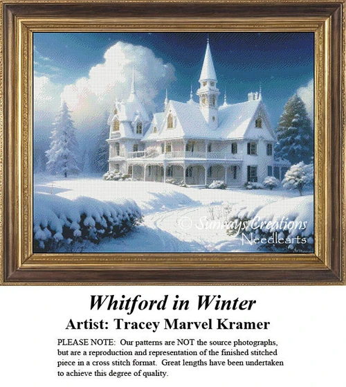 A Victorian inn sits on a snow-covered hill surrounded by tall pines under a blue sky, offered as a PDF chart for a cross stitch pattern.