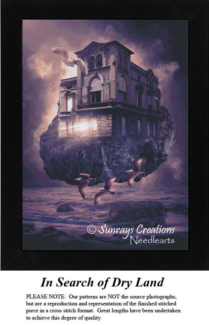 A historical house floats above a rocky island, carried by seagulls against a stormy sky, offered as a counted cross stitch pattern.
