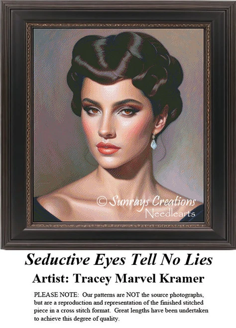 A woman with amber eyes and elegantly styled hair looks alluringly at the viewer, yours to stitch as a counted cross stitch chart.