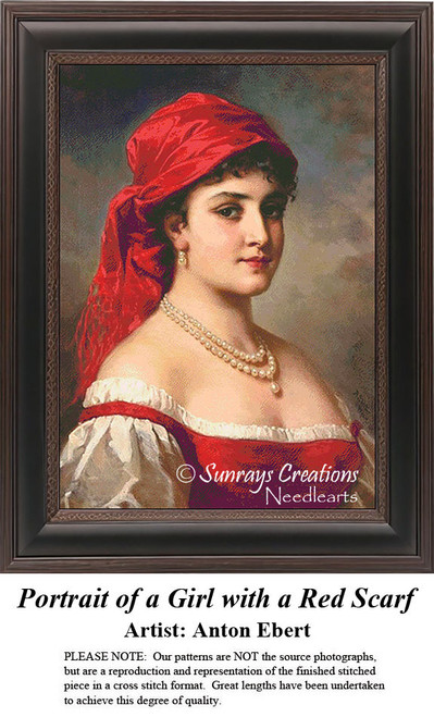 Fine Art Cross Stitch Pattern | Portrait of a Girl with a Red Scarf