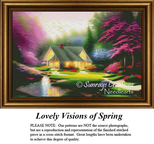 A cozy house lights up among lush trees and vibrant flowers in this landscape, yours to stitch as a counted cross stitch chart.