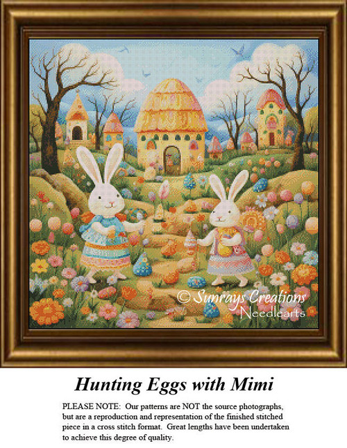 Two bunnies hunt eggs in a colorful landscape filled with flowers and Easter eggs under a blue sky; this is a digital pattern for cross stitch.