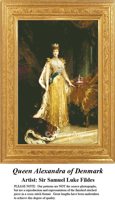 Queen Alexandra of Denmark stands elegantly in her coronation robes and gold gown, brought to life as a counted cross stitch pattern.