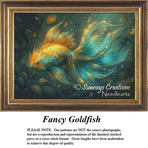 A vibrant goldfish with a fancy tail swims in a teal-toned background, available as a printable pattern for cross stitch enthusiasts.