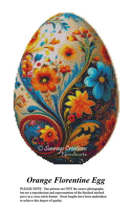 A colorful egg pattern with orange and electric blue flowers on an ecru background, designed as a digital pattern perfect for Easter stitching.