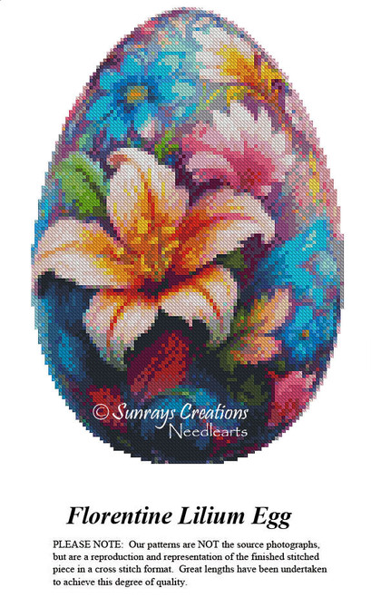 A floral design of a large white lily with pink and orange petals surrounded by blue, pink, and yellow flowers, brought to life as a counted cross.
