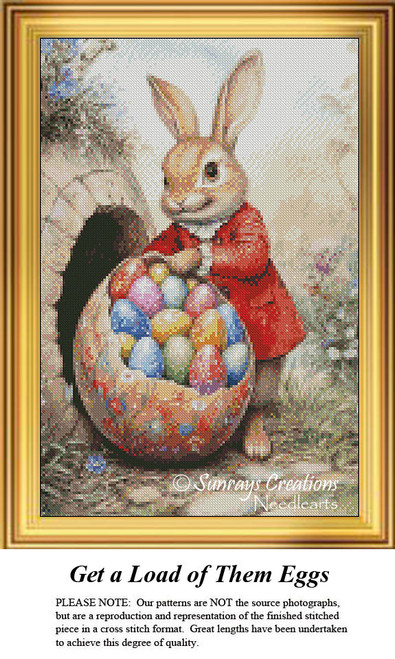A cheerful bunny in a red coat holds a basket full of colorful eggs, surrounded by soft earth tones, perfect for your cross stitch project.
