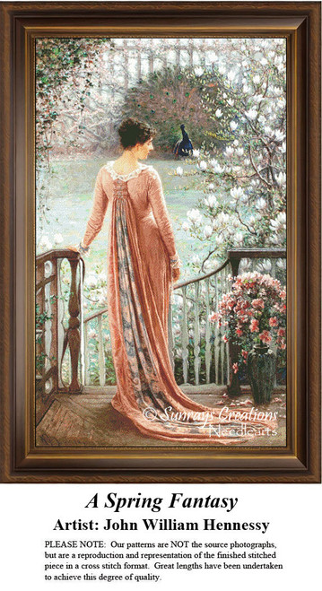 A woman in a salmon-colored gown stands on a veranda, observing a spring garden filled with blossoms, rendered as a counted cross stitch kit by John