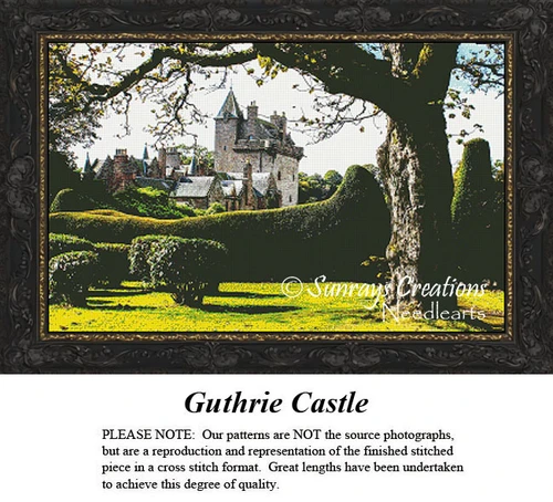 A scenic view of Guthrie Castle, surrounded by green hedges and trees, illustrated as a counted cross stitch design perfect for any stitcher.