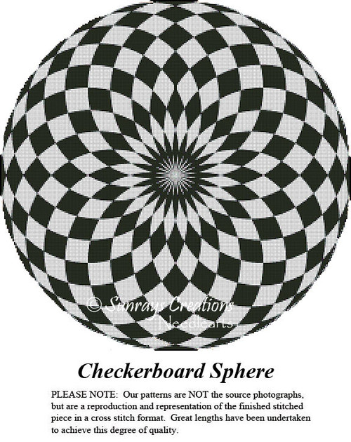 A black and white checkerboard sphere design with a flower-like center, illustrated in a cross stitch kit for creative stitching projects.