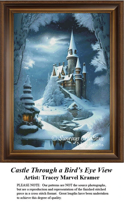 A snow-covered castle on a hill, surrounded by trees and winding waterways, designed as a counted cross stitch kit by Tracey Marvel Kramer.