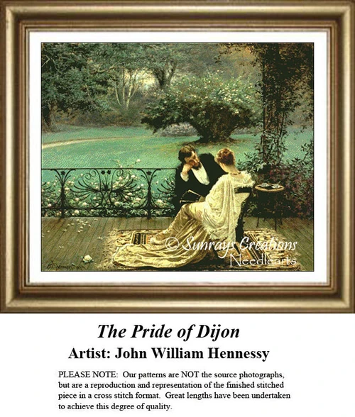 A couple sits together on a garden deck, enjoying tea, brought to life as a counted cross stitch pattern by artist John William Hennessy.