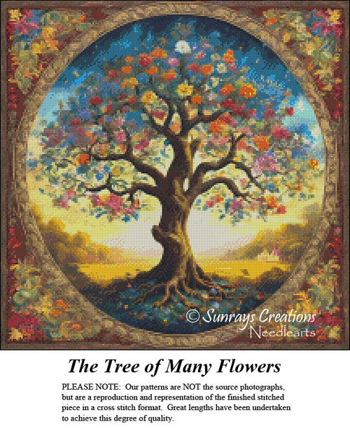 A vibrant tree filled with colorful blossoms stands against a golden sunrise in this cross stitch pattern, highlighting nature's beauty and fullness.