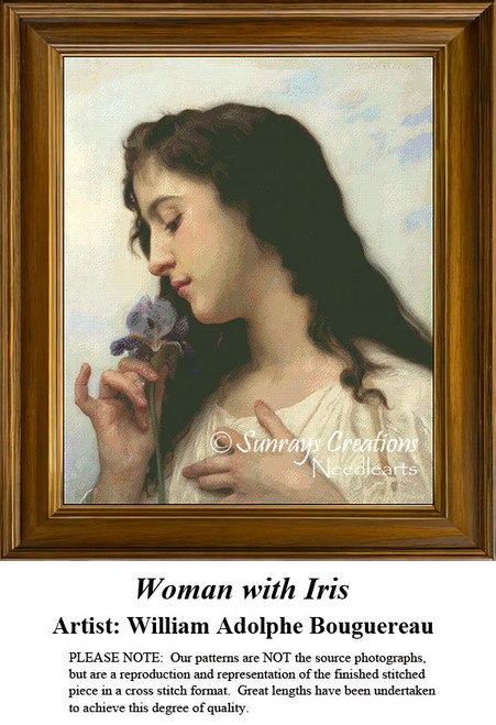 A young woman with dark hair gently holds a purple Iris flower, designed as a xstitch design influenced by William Adolphe Bouguereau's classic style.