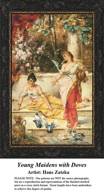 Two women enjoy a serene moment in a garden, accompanied by doves, designed as a BAP cross stitch pattern by Hans Zatzka.