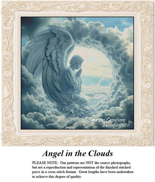 A kneeling angel prays among clouds, gazing down at earth in this counted cross stitch design, framed elegantly for display.