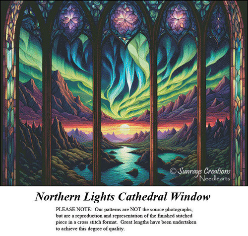 A dramatic view of the northern lights shines through a cathedral window, framed by peaks and valleys, as a stunning cross stitch design.