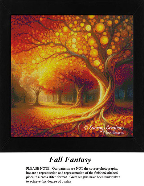 A vibrant autumn scene with golden spheres resembling fall leaves adorns the trees, featured as an xstitch design ready for crafting.