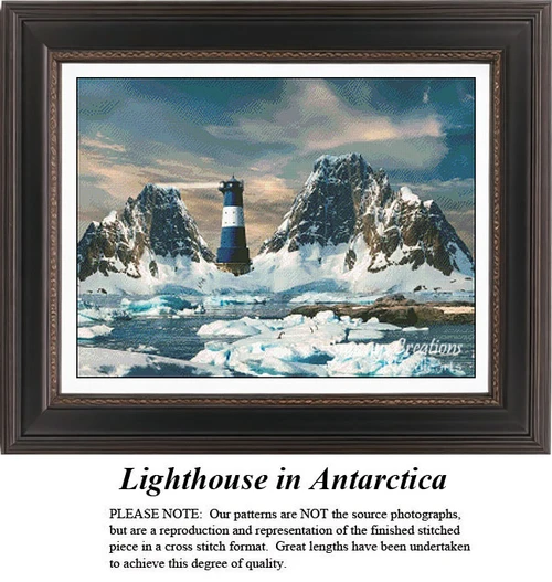 A lighthouse set against two towering transantarctic mountains, surrounded by floating ice, described as a PDF chart by Sunrays Creations.