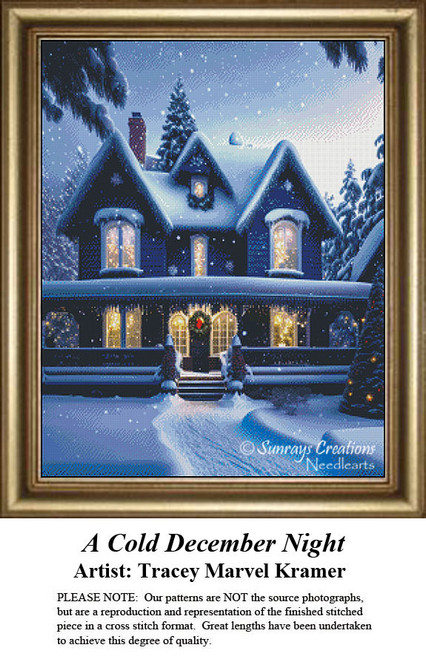 A cozy house covered in fresh snow, adorned with a wreath, invites holiday cheer, presented as a counted cross stitch kit by Sunrays Creations.