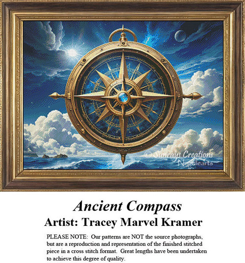 A large ornate compass rises from deep waters under a cloudy sky, preserved as a counted cross stitch pattern.