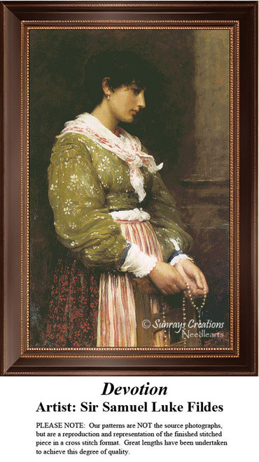 A woman in prayer, holding a rosary, dressed in a scarf and blouse, illustrated in this cross stitch design by Sir Samuel Luke Fildes.