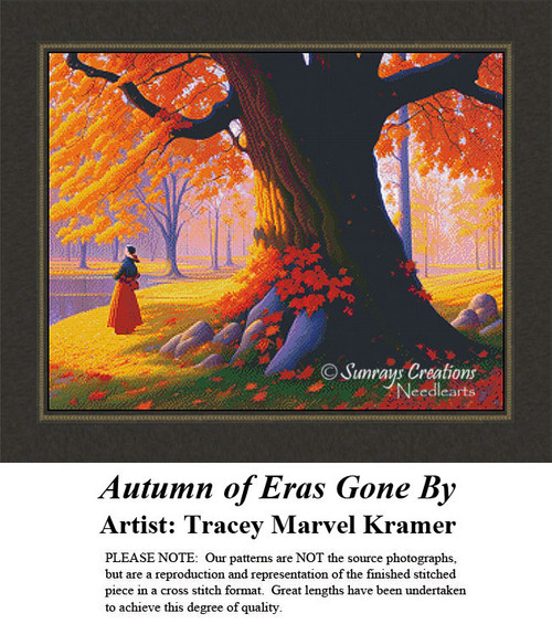 A large tree with vibrant autumn leaves stands above a woman in historical dress, admiring a pond, all designed as a fall xstitch kit.
