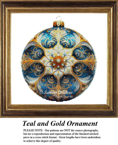 A circular ornament in shades of blue and teal with an eight-petaled flower design, available as a counted cross stitch pattern.