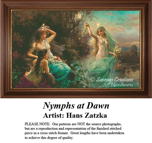 Three nymphs converse near water at dawn, their scene come to life as a counted cross stitch design by artist Hans Zatzka.