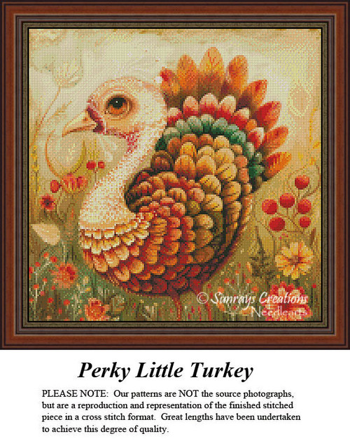 A large-eyed turkey with colorful feathers stands among fall flowers in a sunny yard. This Thanksgiving cross stitch pattern is available as a