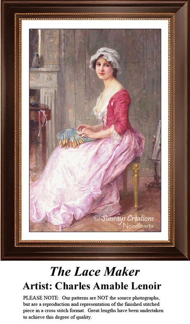A young woman sits on a stool engaged in lace making, available as a counted cross stitch pattern from the artist Charles Amable Lenoir.