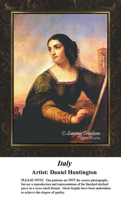 A woman gazes thoughtfully while holding a sketch pad and paint brush, yours as a counted cross stitch kit.