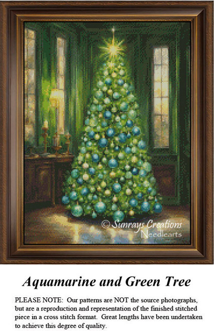 A richly colored tree in aquamarine and green fills a formal room, crafted as a counted cross stitch pattern, perfect for your next cross stitch.